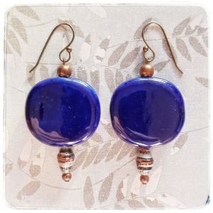 handmade dark cobalt blue flat bead earrings with paper and copper bead accents
